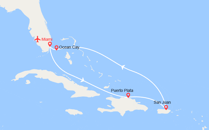 Carte itinéraire croisière Rép. Dominicaine, Porto Rico, Ocean Cay II Vols + 2 nuits en hôtel inclus