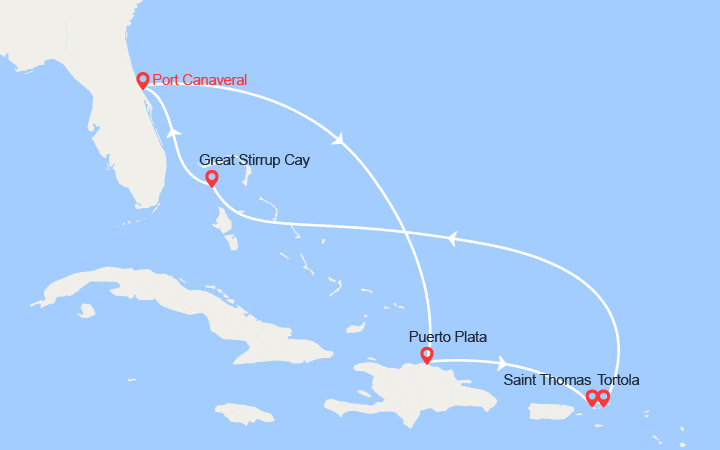 Carte itinéraire croisière Rép. Dominicaine, Saint-Thomas, Tortola, Bahamas au départ d'Orlando