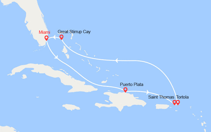 Carte itinéraire croisière Rép. Dominicaine, Saint-Thomas, Tortola, Bahamas au départ de Miami