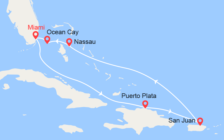 Carte itinéraire croisière République Dominicaine, Porto Rico, Bahamas
