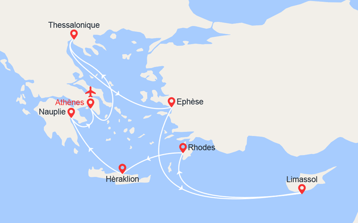 Carte itinéraire croisière Rêves bleus des îles grecques avec 2 nuits d'hôtel et vols inclus de Paris