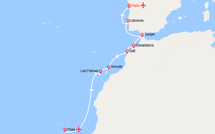 Carte itinéraire croisière Rivages atlantiques, du Portugal au Cap-Vert
