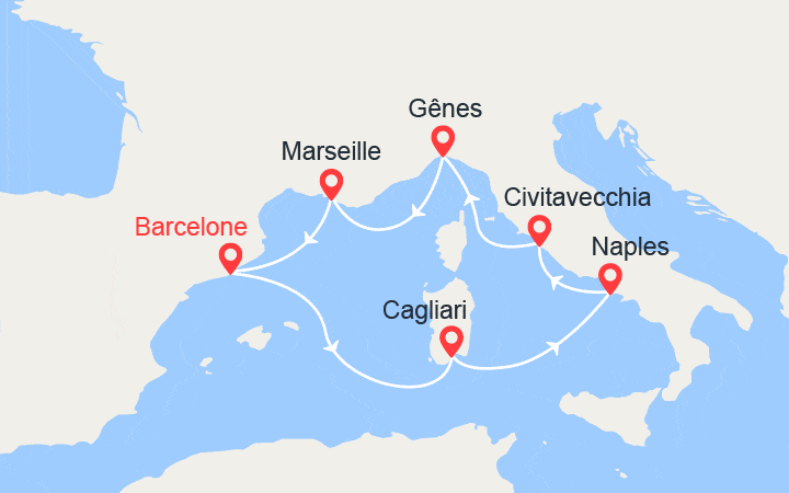 Carte itinéraire croisière Sardaigne, Italie, France