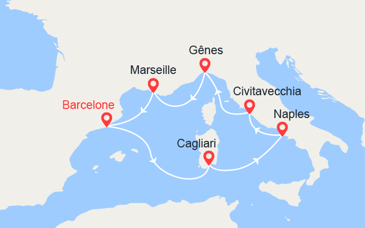 Carte itinéraire croisière Sardaigne, Italie, France