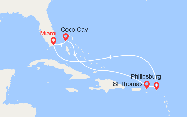 Carte itinéraire croisière Saveurs Caribéennes: Bahamas, St Thomas, St Martin