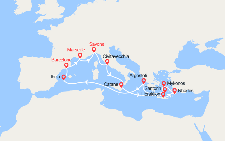 Carte itinéraire croisière Sicile, Iles grecques, Ibiza