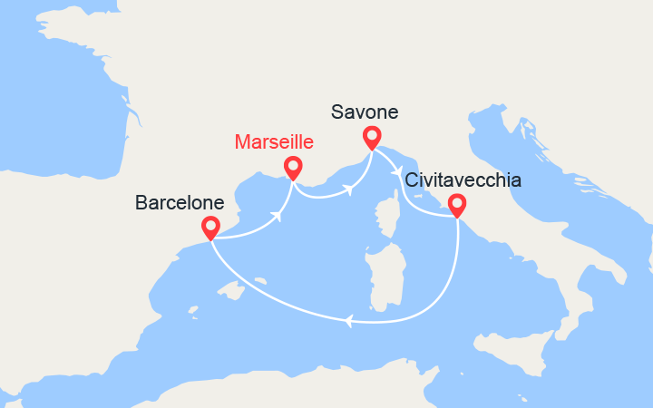 Carte itinéraire croisière Sous le ciel azur méditerranéen : cap vers l'Italie et l'Espagne