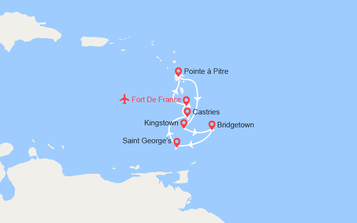 Carte itinéraire croisière St Vincent, Barbade, Grenade, Ste Lucie || Vols inclus