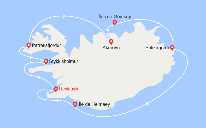 Carte itinéraire croisière Tour d’Islande : Terre des elfes, sagas et volcans