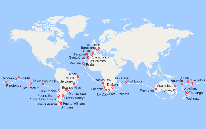 Carte itinéraire croisière Tour du monde 2025