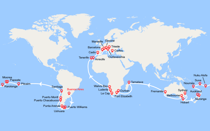 Carte itinéraire croisière Tour du Monde 2025 : de Buenos Aires à Trieste