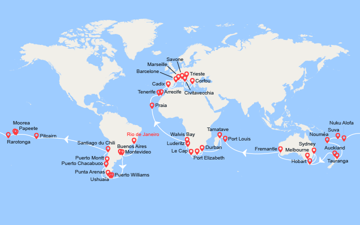Carte itinéraire croisière Tour du Monde 2025 : de Rio de Janeiro à Trieste
