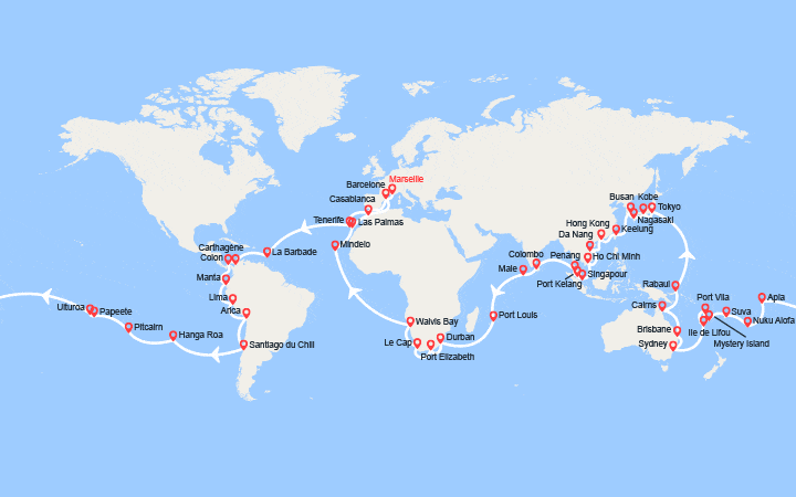 Carte itinéraire croisière Tour du Monde 2026 au départ de Marseille