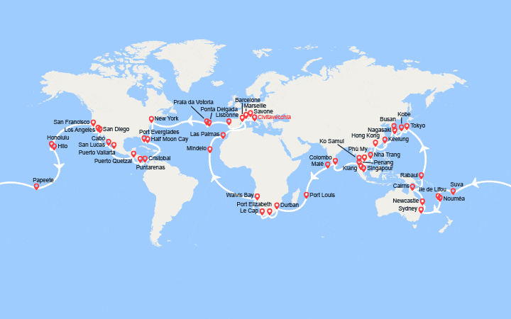 Carte itinéraire croisière Tour du Monde 2027 au départ de Civitavecchia