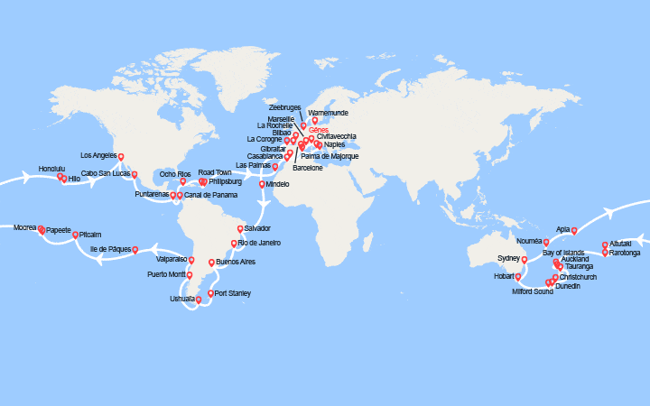 Carte itinéraire croisière Tour du Monde 2027 au départ de Gênes