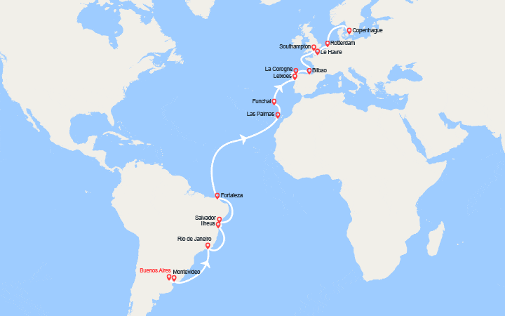 Carte itinéraire croisière Transatlantique : Amérique du Sud, Méditerranée, Europe du Nord