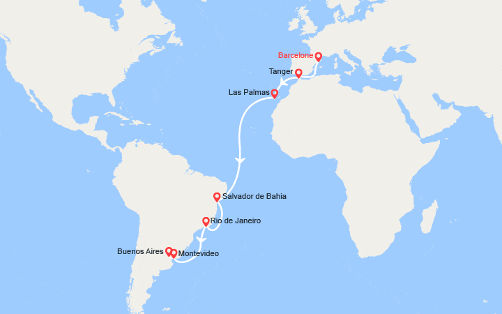 Carte itinéraire croisière Transatlantique : d'Espagne en Argentine
