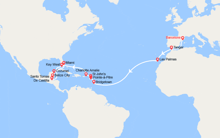 Carte itinéraire croisière Transatlantique de Barcelone à Miami : Maroc, îles Canaries, Guadeloupe, Antigua, Mexique...