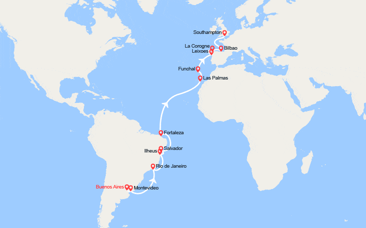 Carte itinéraire croisière Transatlantique : de Buenos Aires à Southampton