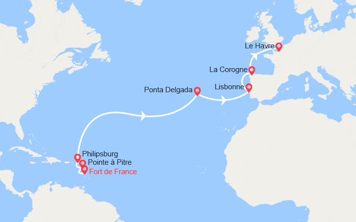 Carte itinéraire croisière Transatlantique : de Fort-de-France au Havre