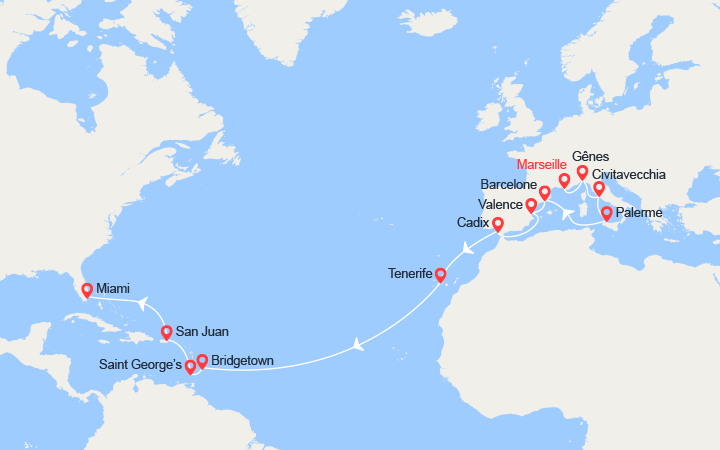 Carte itinéraire croisière Transatlantique : de Marseille à Miami