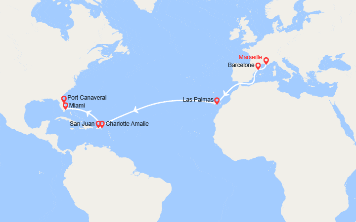 Carte itinéraire croisière Transatlantique de Marseille à Port Canaveral