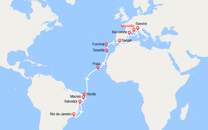 Carte itinéraire croisière Transatlantique de Marseille à Rio de Janeiro