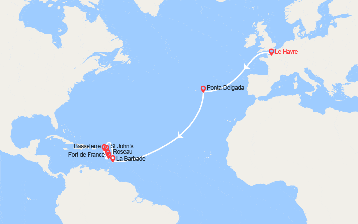 Carte itinéraire croisière Transatlantique du Havre à Fort de France