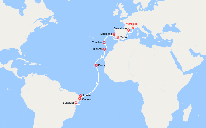 Carte itinéraire croisière Transatlantique : France, Espagne, Portugal, Madère, Canaries, Brésil