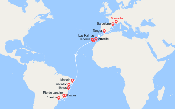Carte itinéraire croisière Transatlantique vers l'Amerique du Sud: de Marseille à Rio