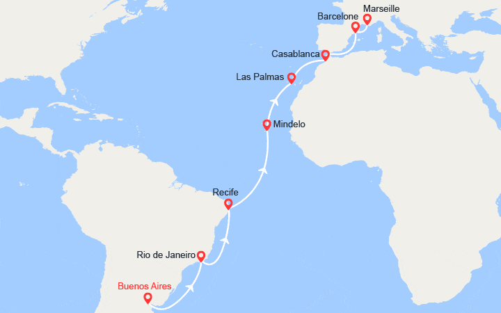 Carte itinéraire croisière Traversée Atlantique : de Buenos Aires à Marseille