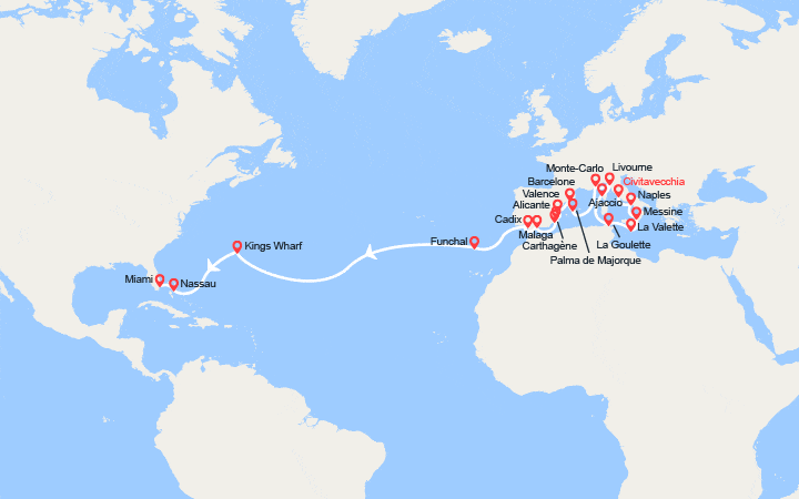 Carte itinéraire croisière Traversée Atlantique : de Civitavecchia à Miami