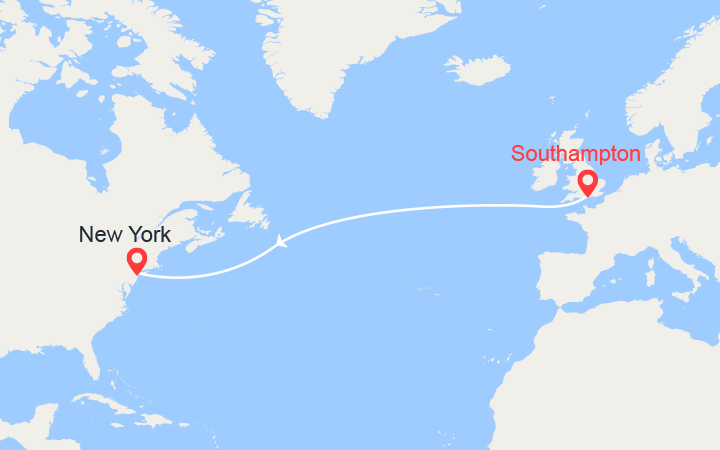Carte itinéraire croisière Traversée transatlantique de Southampton à New York