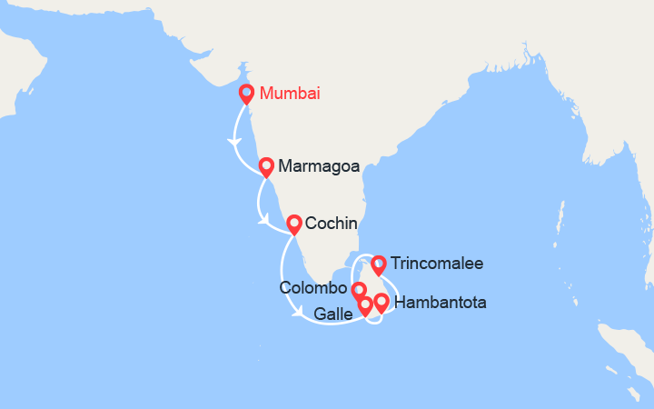 Carte itinéraire croisière Trésors des Indes : de Mumbai à Colombo
