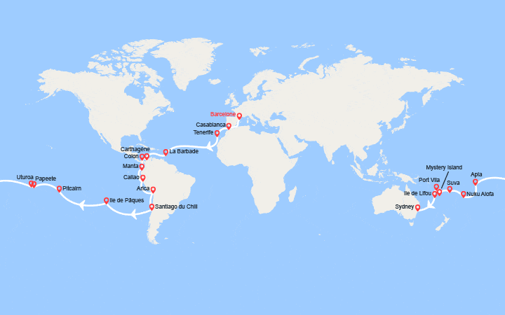 Carte itinéraire croisière Tronçon du Tour du Monde 2026 : de Barcelone à Sydney