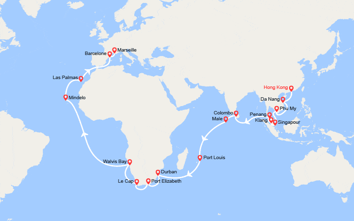 Carte itinéraire croisière Tronçon du Tour du Monde 2026 : de Hong Kong à Marseille