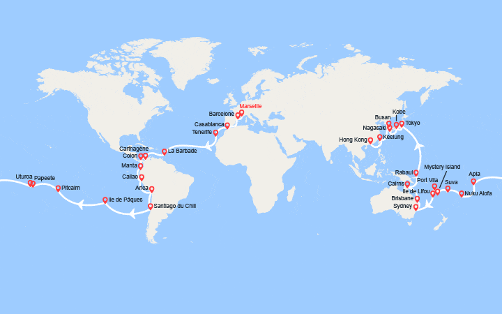 Carte itinéraire croisière Tronçon du Tour du Monde 2026 : de Marseille à Hong Kong