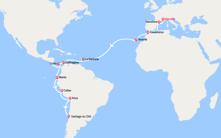 Carte itinéraire croisière Tronçon du Tour du Monde 2026 : de Marseille à Santiago du Chili