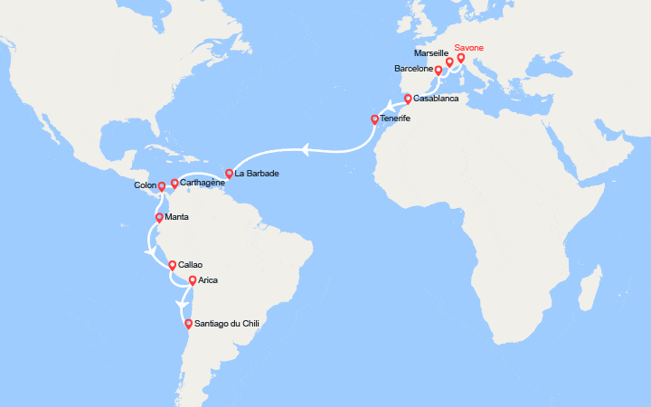 Carte itinéraire croisière Tronçon du Tour du Monde 2026 : de Savone à Santiago du Chili