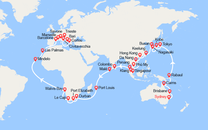 Carte itinéraire croisière Tronçon du Tour du Monde 2026 : de Sydney à Trieste