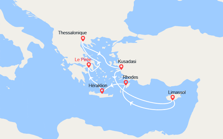 Carte itinéraire croisière Turquie, Chypre, Rhodes, Crète