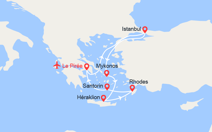 Carte itinéraire croisière Turquie et Grèce avec 2 nuits d'hôtel et vols inclus de Marseille