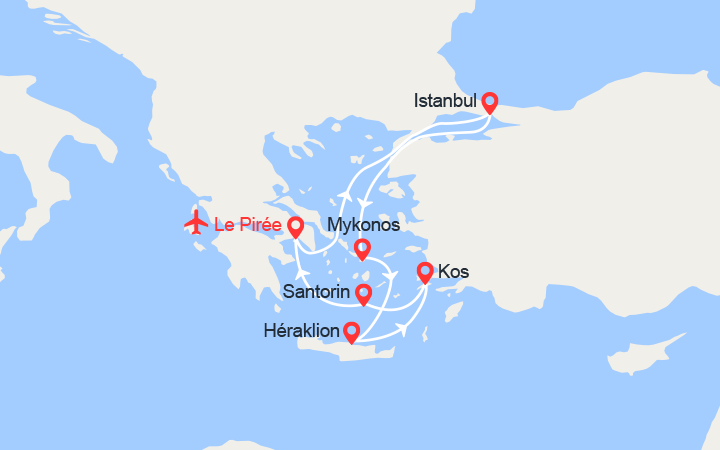 Carte itinéraire croisière Turquie, Grèce avec 2 nuits d'hôtel et vols inclus de Marseille