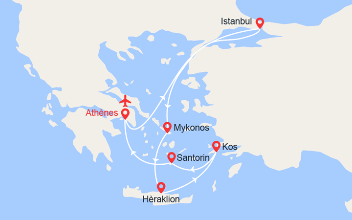 Carte itinéraire croisière Turquie, Grèce avec 2 nuits d'hôtel et vols inclus de Paris