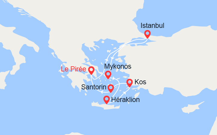 Carte itinéraire croisière Turquie, Grèce: Istanbul, Mykonos, Heraklion...