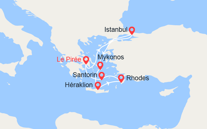 Carte itinéraire croisière Turquie, Grèce: Istanbul, Mykonos, Rhodes, Santorin