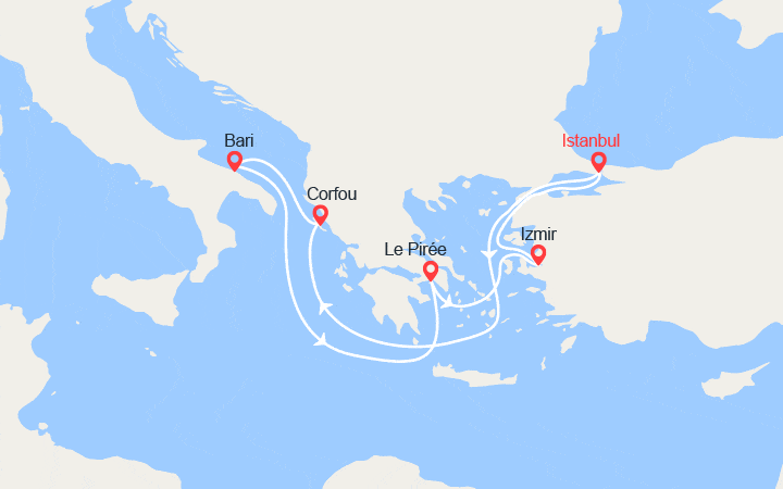 Carte itinéraire croisière Turquie, Italie, Grèce