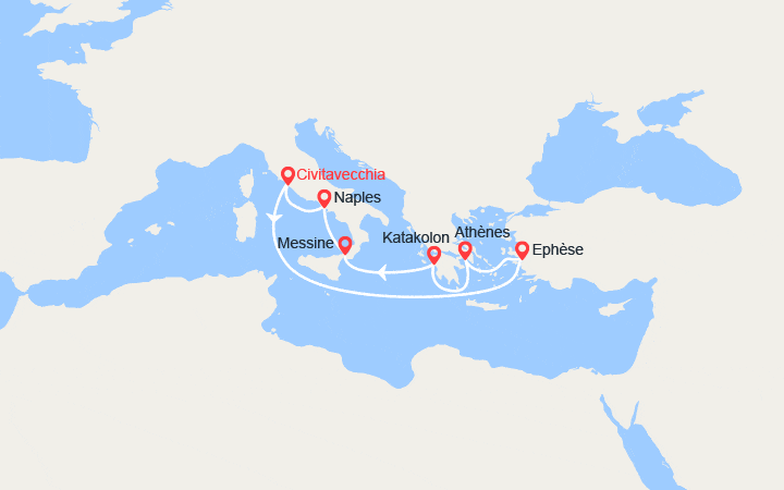 Carte itinéraire croisière Turquie, Le Pirée, îles grecques, Sicile, Italie