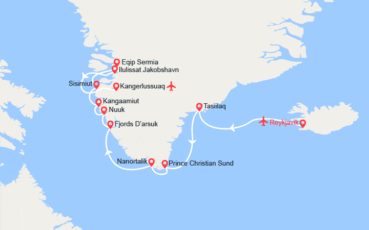 Carte itinéraire croisière Villages inuits du Groenland