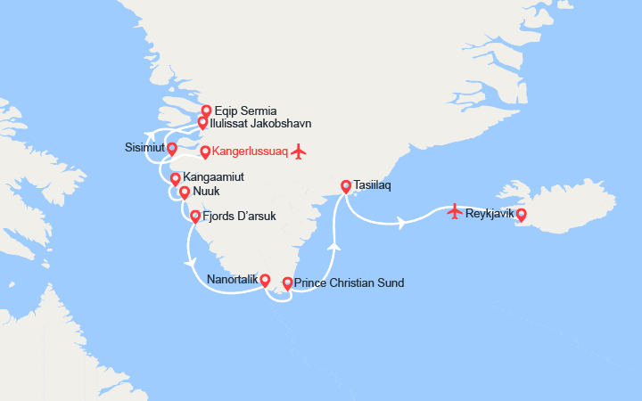 Carte itinéraire croisière Villages inuits du Groenland (bis)